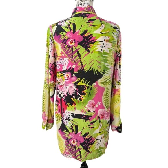 Diane Gilman Womens Silk Top Button-Up Long Sleeve Tunic Tropical Floral Size M - Picture 3 of 7